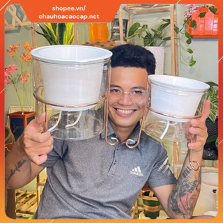  Chậu hoa nhựa trong suốt trồng cây thủy sinh  kèm kệ sắt ,Chậu thủy canh tự hút nước tròn dày trồng cây,chậu để bàn 