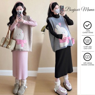  Set đầm nỉ thỏ quàng khăn điệu đà Gồm áo gile và váy len gân cổ 3 phân dài tay điệu đà X22 Váy bầu mùa đông ấm áp 