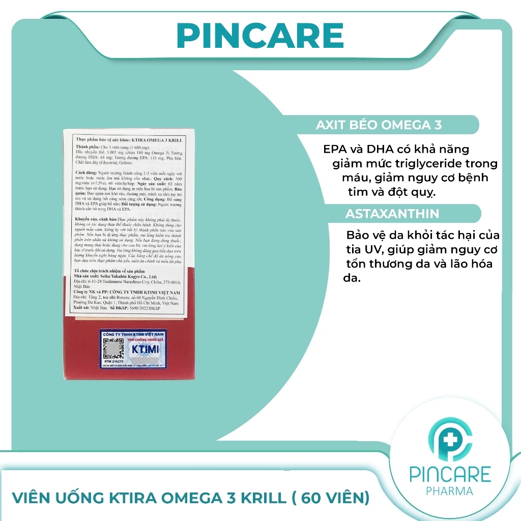 Viên uống KTIRA OMEGA 3 KRILL dầu nhuyễn thể 60 viên - PINCARE Health & Beauty
