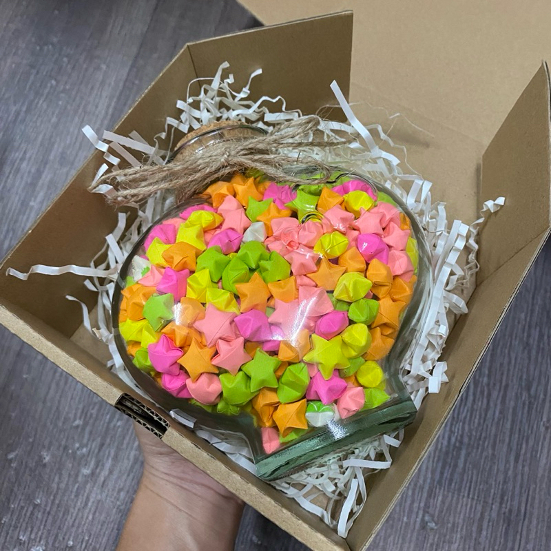 Lọ thủy tinh nắp gỗ hình trái tim đựng 500 ngôi sao giấy hũ điều ước healing love làm quà tặng sinh 
