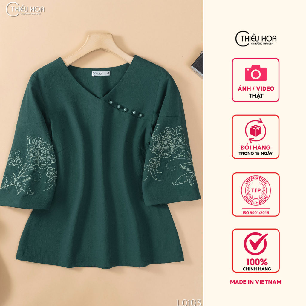  Áo kiểu nữ trung niên thiết kế thêu hoa tinh tế chất liệu linen cao cấp tặng mẹ Thiều Hoa AN4L0103 