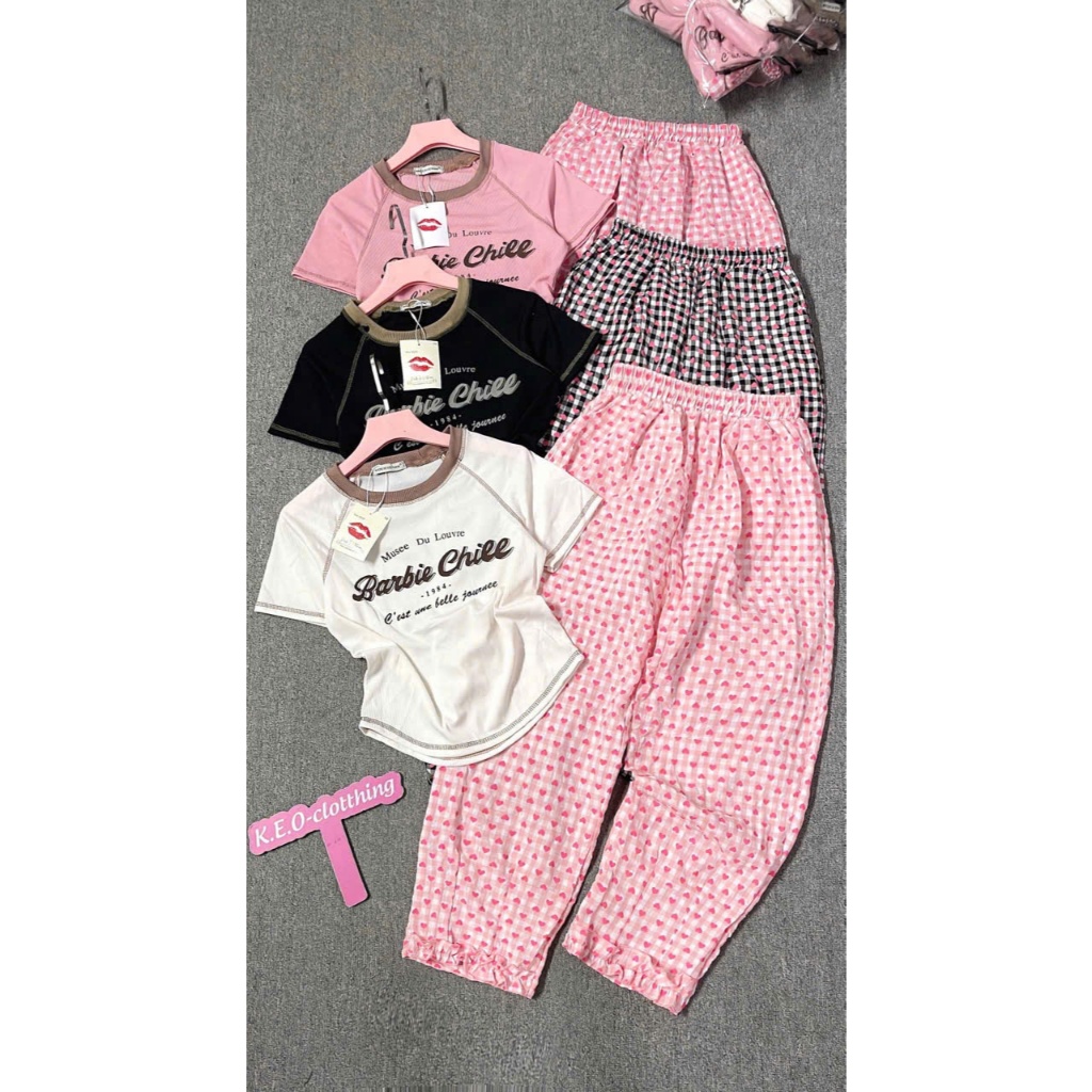 ĐỒ BỘ NỮ, SET ĐỒ BỘ BIGSIZE QUẦN TIM MIX ÁO THUN PHỐI VIỀN IN CHỮ BABE CHILL