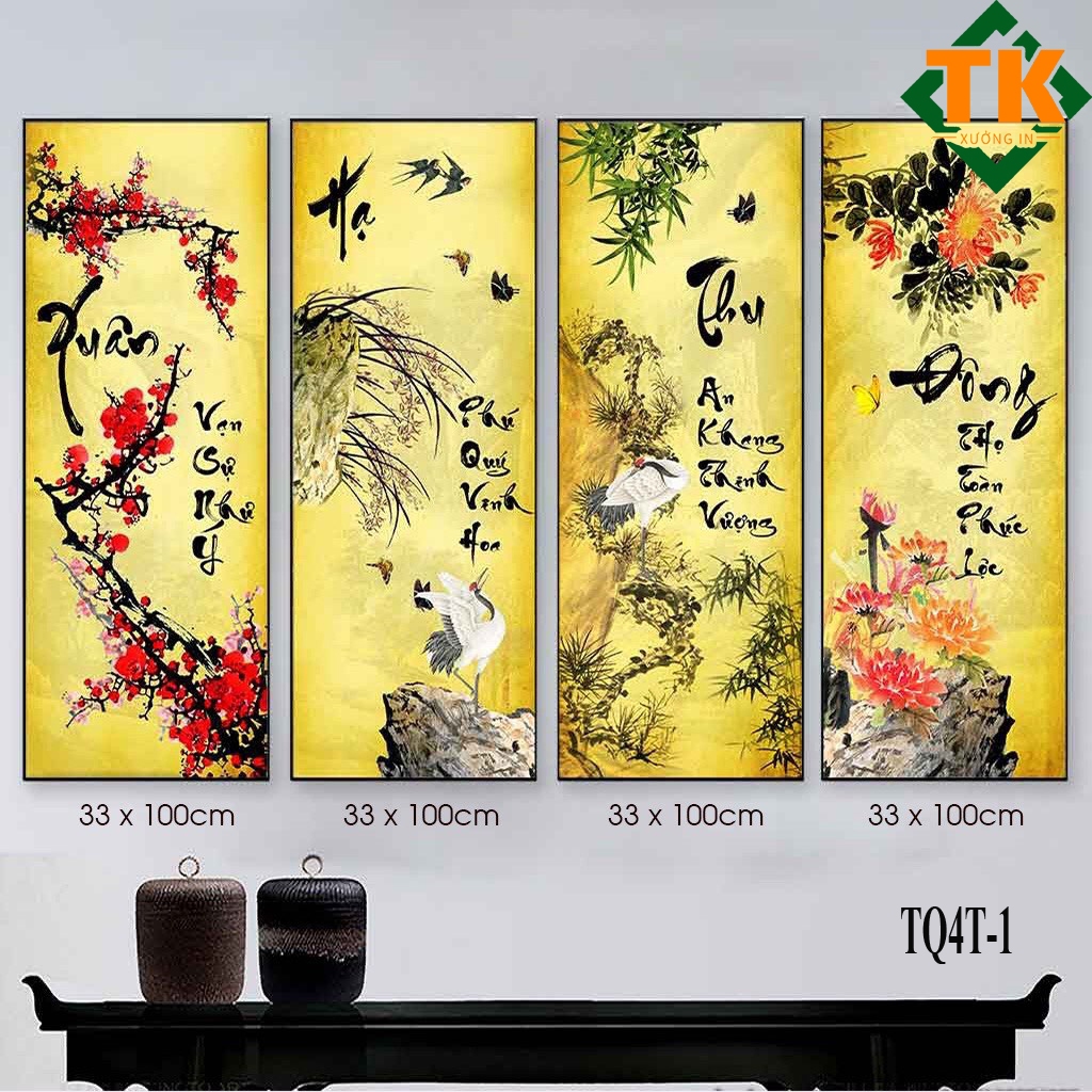 Loại I - Tranh Tứ Quý Tráng Gương Tùng Cúc Trúc Mai - Xuân Hạ Thu Đông