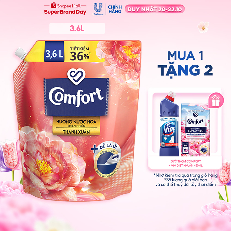 Nước Xả Làm Mềm Vải & Giảm Nhăn Comfort Đậm Đặc Hương Hoa Thiên Nhiên Thanh Xuân 3.6L