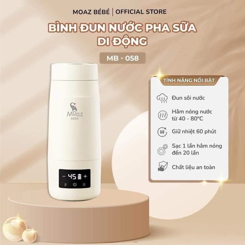 [TẶNG TÚI VẢI] Bình đun nước pha sữa di động Moaz bebe MB058 bảo hành 12 tháng chính hãng