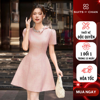 SuitsByChan-Đầm thiết kế cao cấp đi dự tiệc,công sở cổ tròn phối nút đá vân xước Topaz SCDA00003