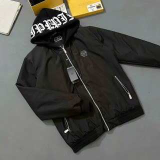 Áo khoác gió có mũ nam Philipp Plein thêu logo sắt ngực mũ nỉ 2 lớp in chữ lót trần bông boy phố AK199P