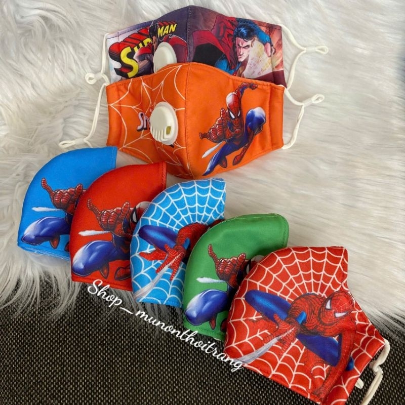 Khẩu trang vải 3D siêu nhân, người nhện có van thở chuyên dụng, dây rút cho bé trai