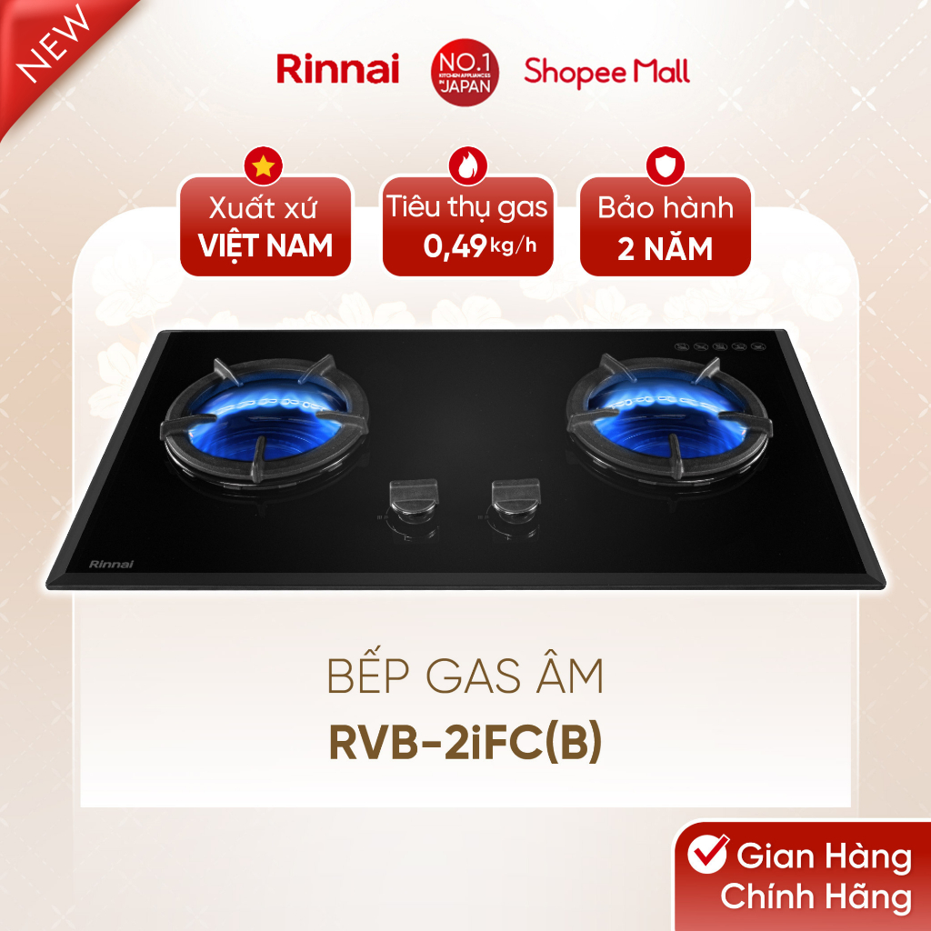 Bếp gas âm đầu đốt trong Rinnai RVB-2iFC(B) kích thước lắp đặt linh hoạt, kiềng gang - Hàng chính hãng.
