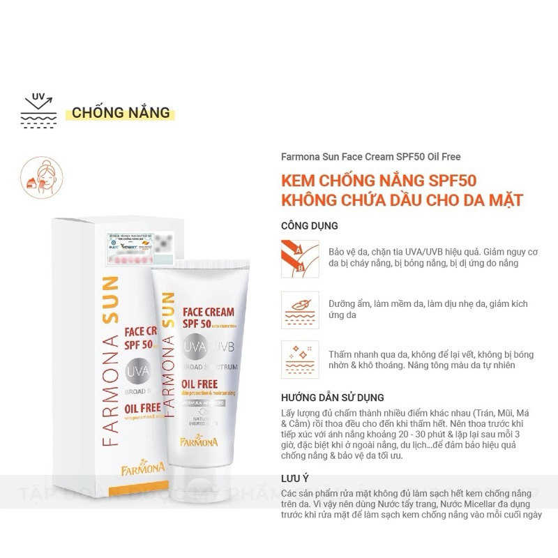 Kem Chống Nắng Farmona Sun Face Cream Oil Free Spf50 Cho Da Dầu Mụn 50ml, Không Chứa Dầu Cho Da Mặt spf 50- Dr Thêm