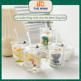  Cốc nước thủy tinh cho bé 400ml chia vạch chất liệu thủy tinh nắp chống tràn tặng kèm ống hút 