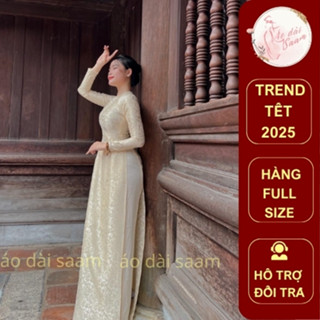 Áo dài gấm be truyền thống cổ tròn Áo dài saam thiết kế tà dài tay dài Tết 2024