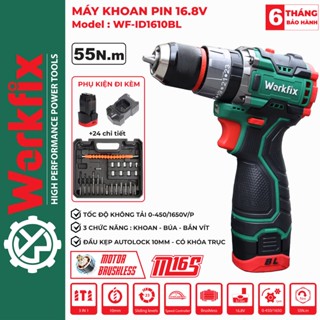 Máy khoan pin WORKFIX 16.8V WF-ID1610BL Auto lock - không chổi than tặng kèm bộ phụ kiện 24 chi tiết
