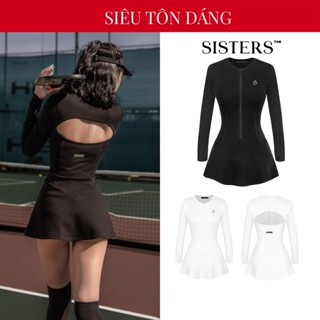 Váy thể thao nữ khóa kéo hở lưng SISTERS dài tay màu đen, trắng tôn dáng Tennis, Pickleball Lowen SIS-CLUB | SS24-J7