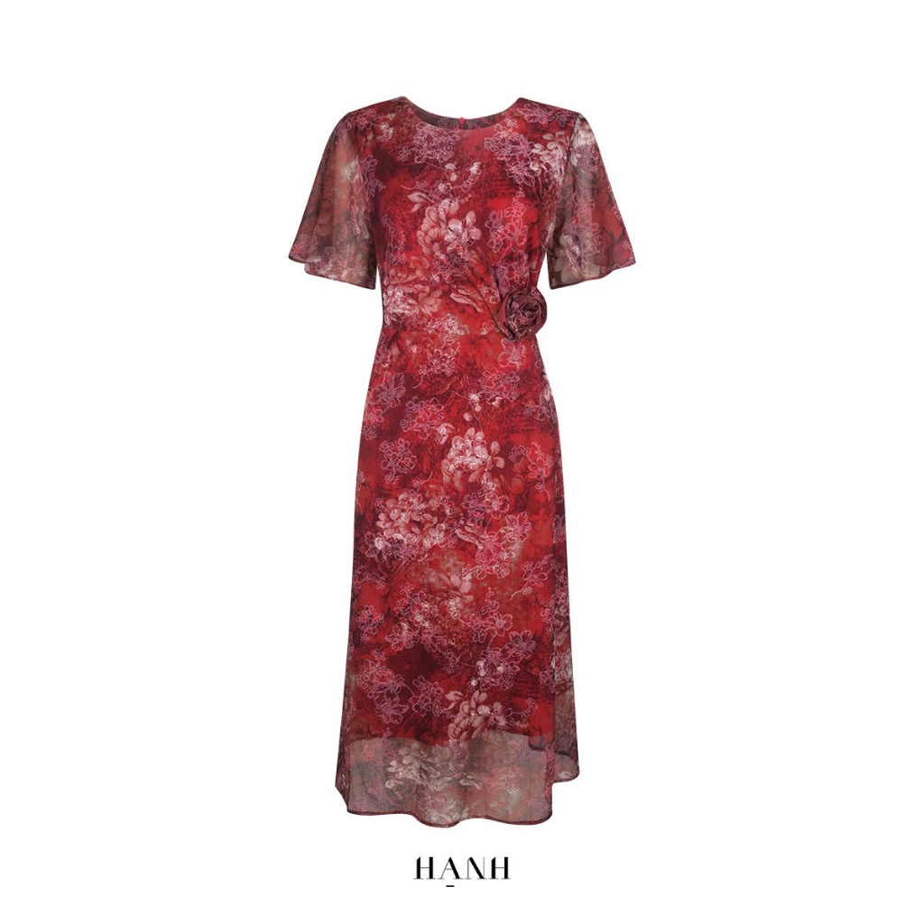 Đầm dài Hạnh cổ tròn,eo quấn hoa hồng, tay ngắn