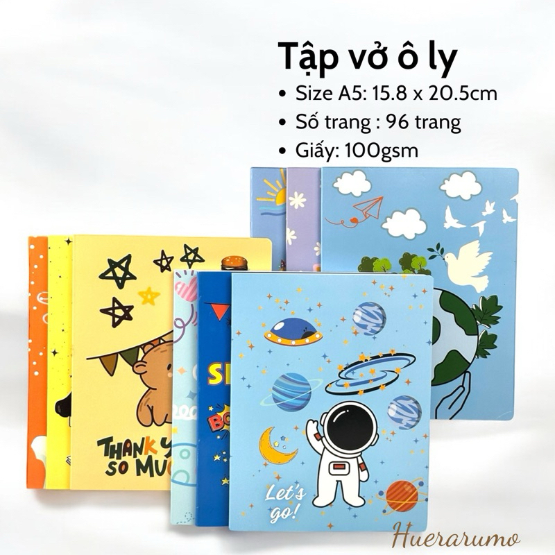Vở ô ly A5 96 trang HUERARUMO, giấy cao cấp định lượng 100gsm, in offset, bìa giấy ivory 250gsm cán 