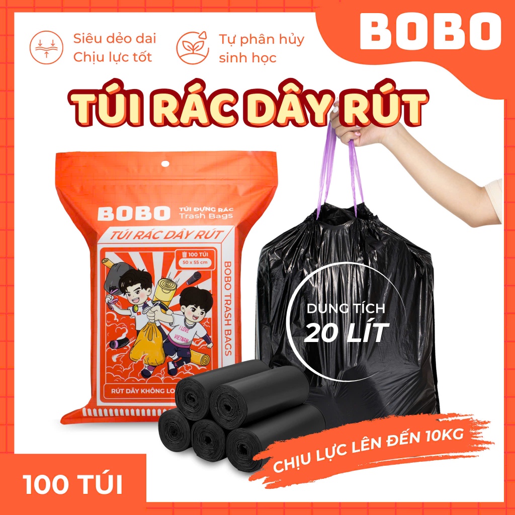 Túi rác BoBo túi đựng rác có dây rút tự phân huỷ bịch 5 cuộn 100 túi size 50x55cm túi bịch đựng rác có quai