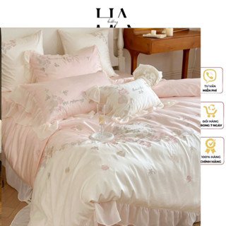 Bộ chăn ga gối đũi thêu hoa viền bèo tiểu thư công chúa, Chất liệu đũi nhập mềm mịn thoáng mát phối bèo ren siêu xinh