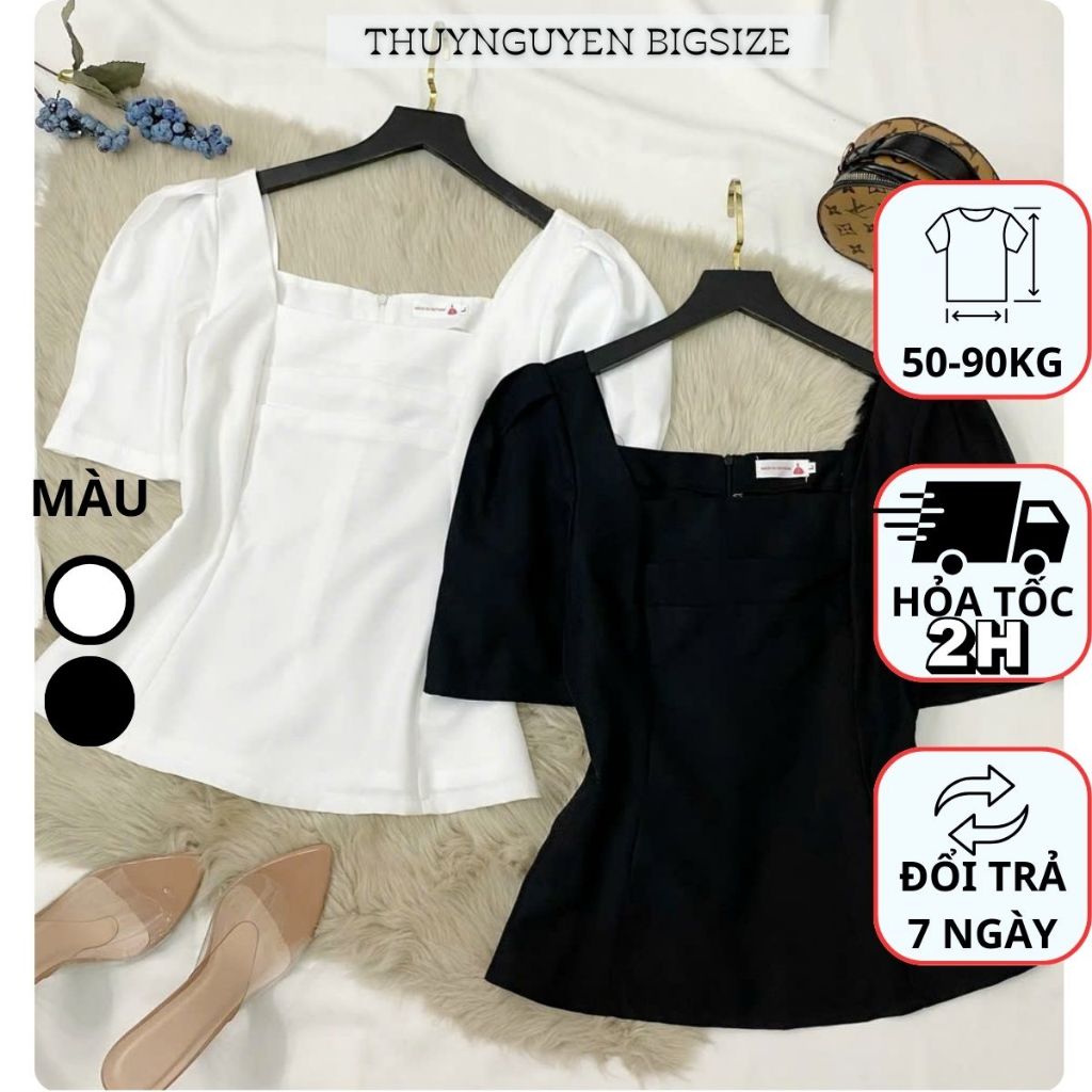 Áo Kiểu Bigsize , Áo Cổ Vuông Xếp Ly Nguc Chất Cotton Che Khuyết Điểm Tốt Dành Cho Người Béo 50-90kg