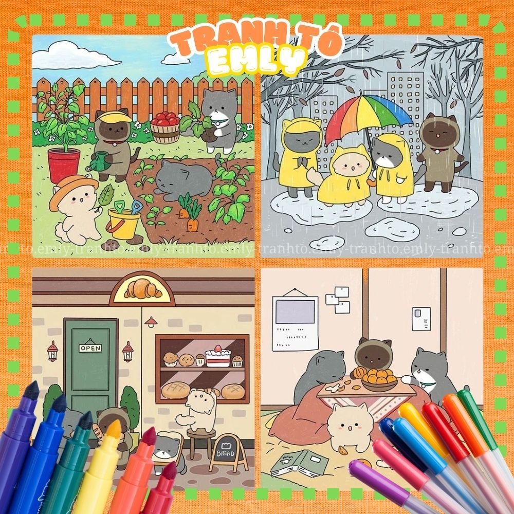 Bộ 50 Tờ Tranh Tô Màu Gia Đình Mèo Cute - Giấy Dầy Đẹp, hình ảnh sắc nét - Emly