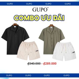 Combo Áo Sơ Mi Nam Cộc Tay Vải Linen Gân GUPO Local Brand Và Quần Short Unisex Túi Hộp Kaki Trên Gối