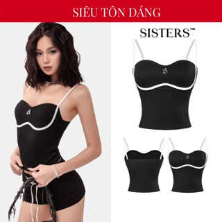 Áo hai dây nữ cúp ngực phối viền SISTERS chất thun 2 da ôm sát cơ thể tôn dáng màu đen phối trắng Majori | SS24-T4