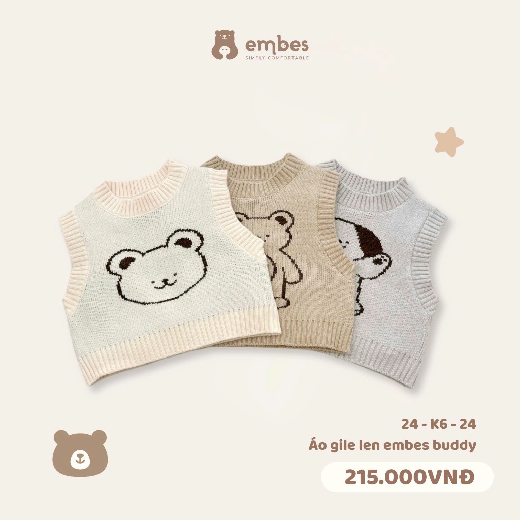 Áo Gile Len Cho Bé Embes Buddy, Áo Gile Len In Hinh Cổ Tròn Cho Bé Mặc Thu Đông Size Từ 11kg-22kg