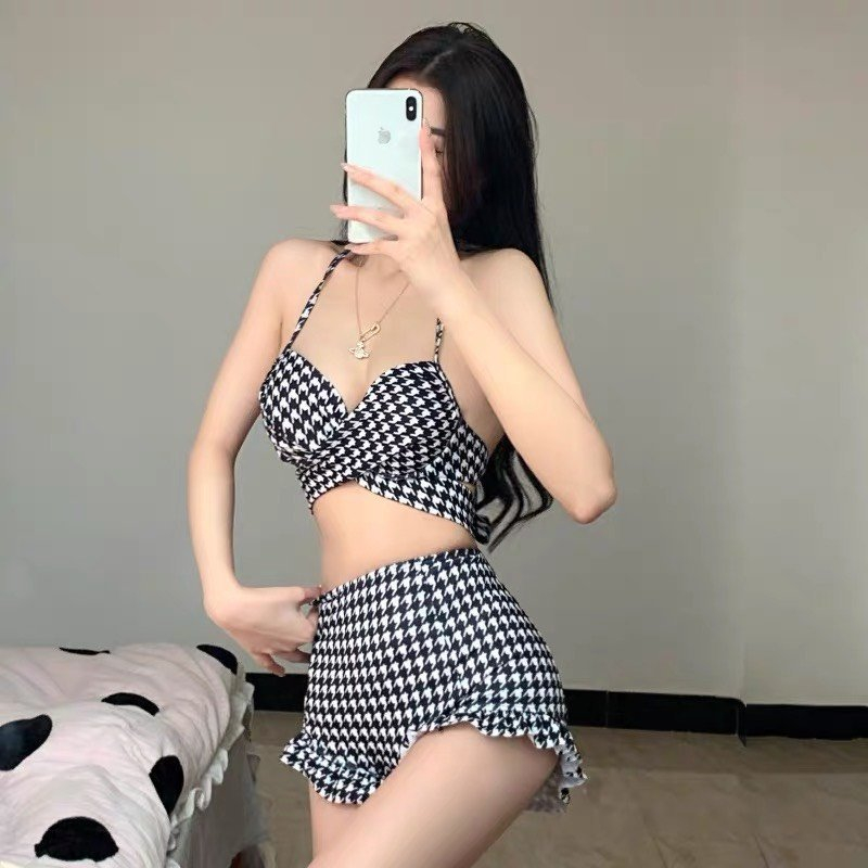 Bikini caro mút ngực cạp cao