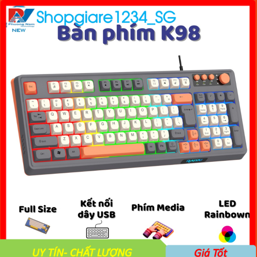 Bàn Phím Giả Cơ Gaming RAIKU K98 Màu Cực Đẹp Dùng Văn Phòng, Chơi Game Phím Bấm Êm