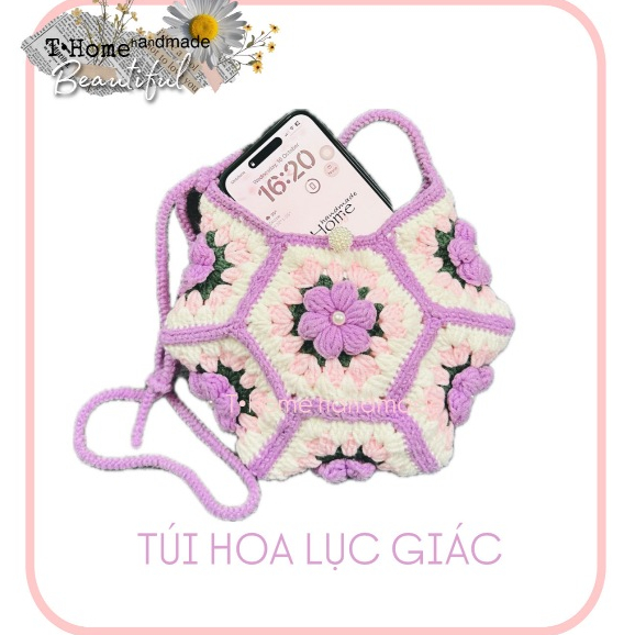 🌺TÚI LỤC GIÁC - sản phẩm handmade thủ công móc len, với hoạ tiết hoa phồng 6 cánh sinh động, túi hìn