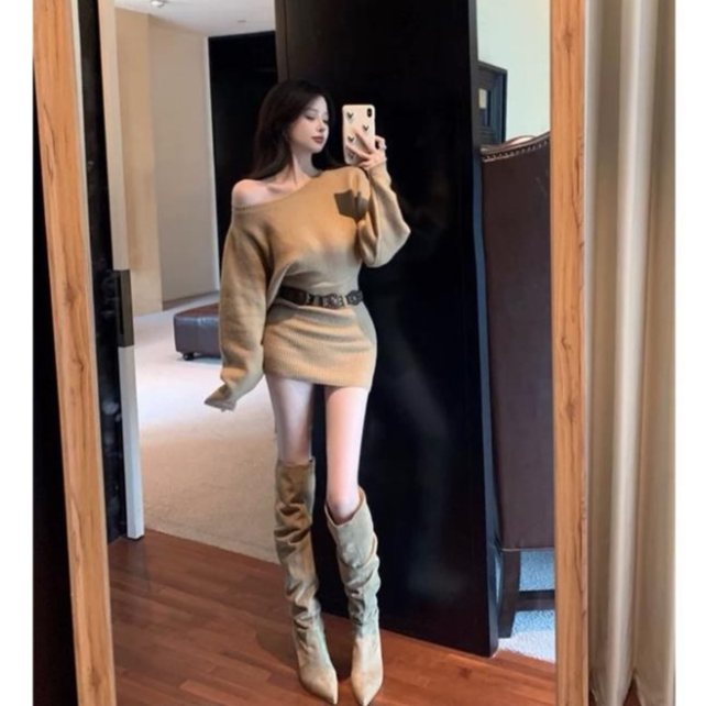 Set Váy Len Nữ, Set Váy Len Trễ Vai Kèm Đai Da Rời Chất Len Cao Cấp Hàng QC Loại 1 - DP BOUTIQUE