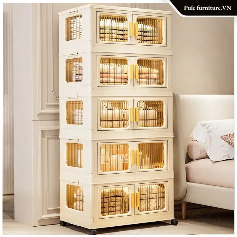 Tủ nhựa gấp trong suốt, rộng 55cm, không cần lắp đặt, cửa tủ từ đóng tự động, chất liệu PP an toàn