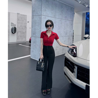 Quần tây 2 nút nữ ống loe lưng cao hack dáng chất liệu cát nhật co giãn I HHVINTAGE