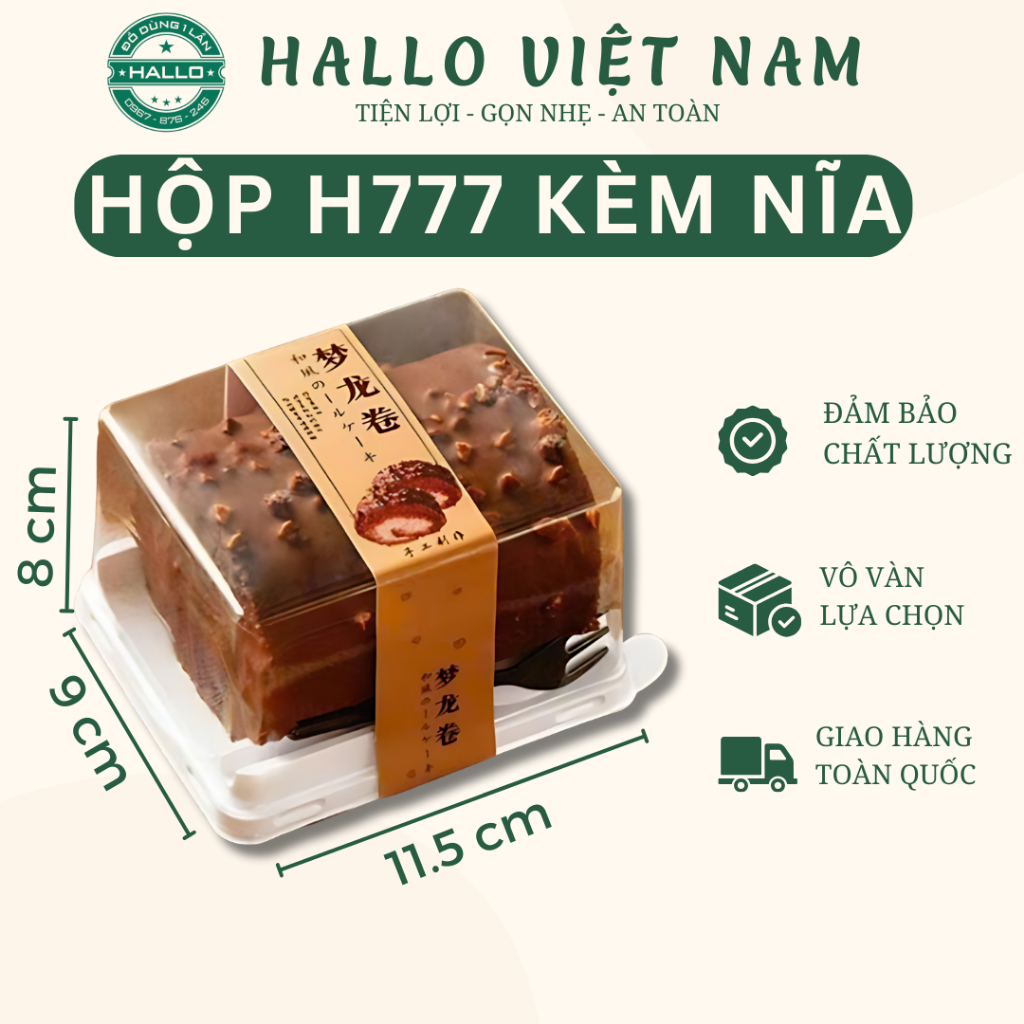 Hộp bánh đựng crepe cuộn, bánh bông lan cắt lát - Hộp chữ nhật kèm nĩa nhựa H777 HALLO VIỆT NAM