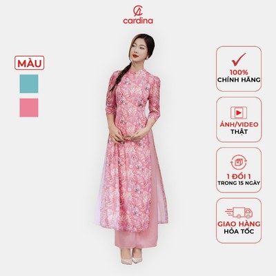Áo dài nữ CARDINA chất liệu tơ ánh nhẹ nhàng thanh thoát họa tiết hoa cỏ mùa xuân dịu dàng 4ADC01