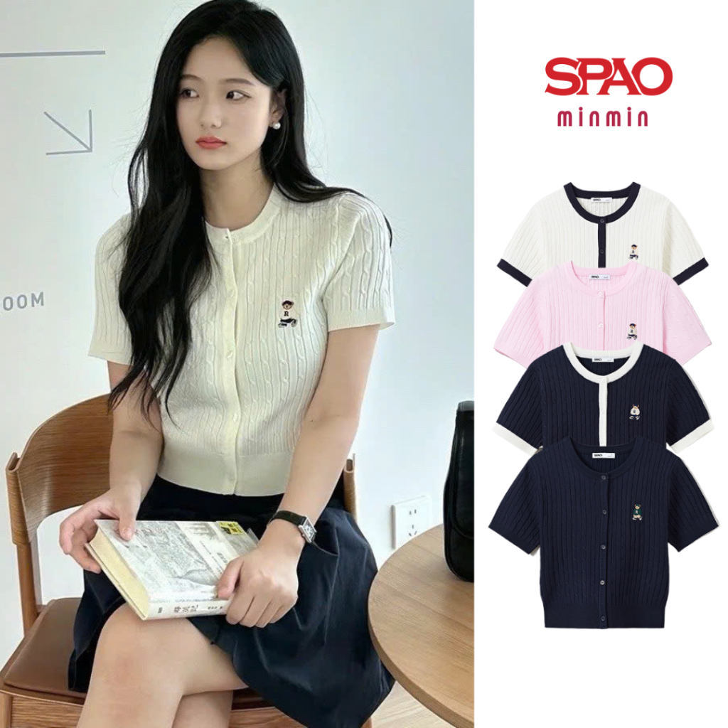 [AUTHENTIC 100%] Spao Korea áo cardigan tay ngắn cổ tròn thêu ngực gấu woodie form nữ chính hãng