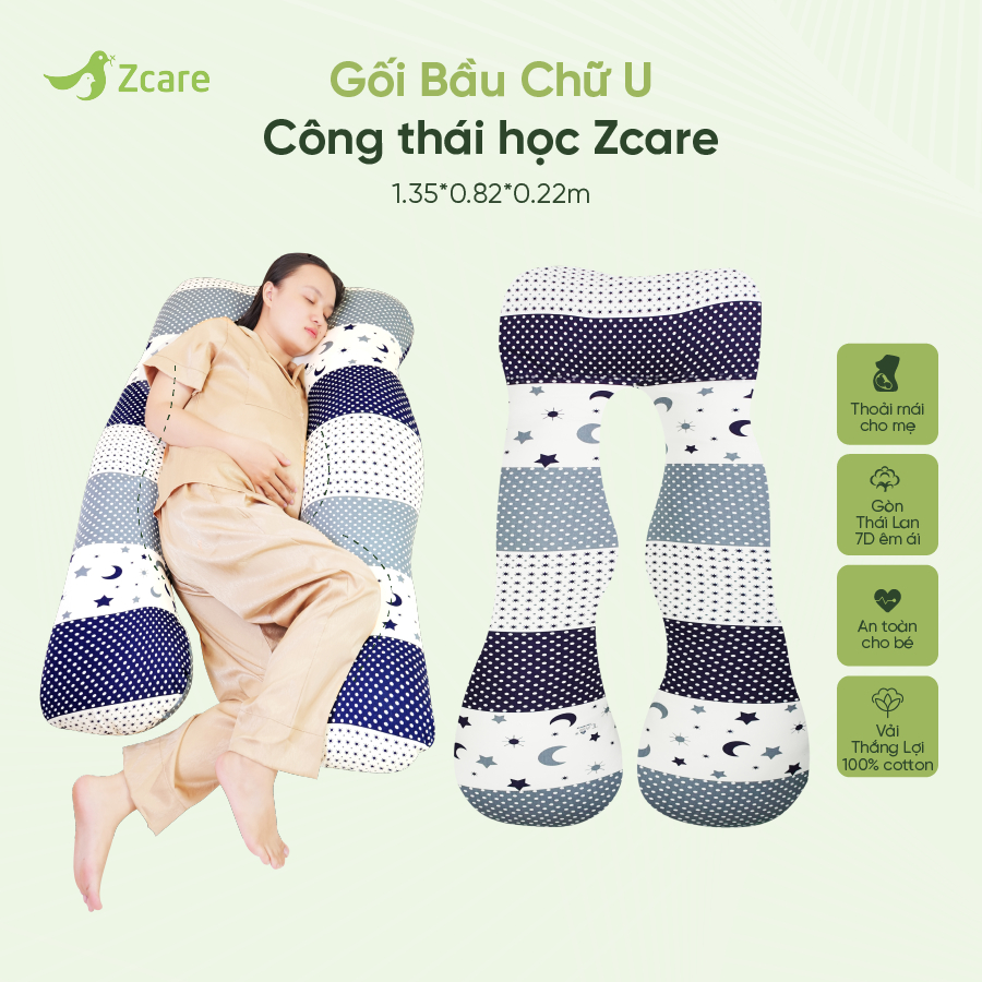 Gối bầu chữ U Zcare giảm chuột rút với vải cotton 100% & gòn 7D (1.35*0.82*0.22m) | Mã UB22