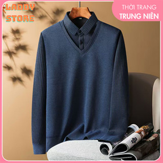 Áo Len Trung Niên Lót Nỉ Nhung Cổ Sơ Mi Lịch Lãm, Áo len tặng ông tặng bố