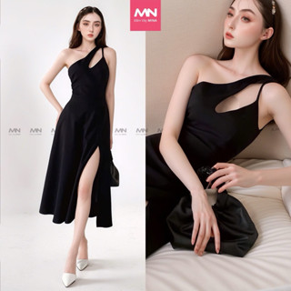Đầm dự tiệc MINA xẻ đùi midi xoè màu đen thiết kế chéo vai chất liệu Cotton lạnh mịn quyến rũ MN188