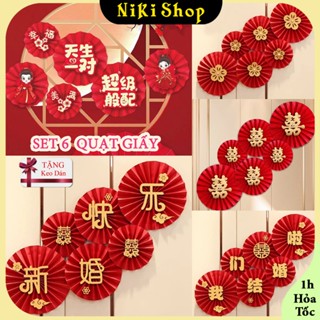 BỘ 6 quạt xếp bằng giấy in hoa xinh xắn trang trí đám cưới--TIÊC MỪNG - SINH NHẬT