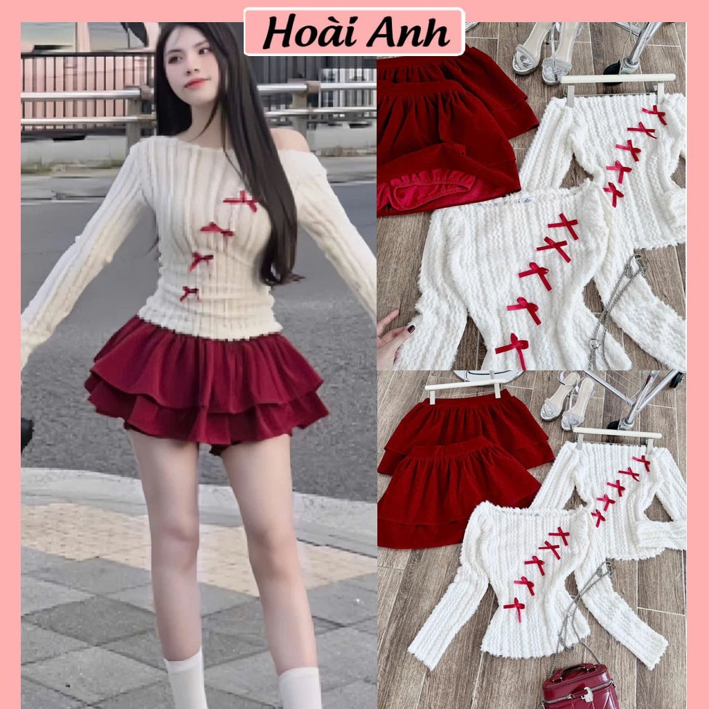 Set Bộ Đồ Nữ Áo Len Lông Trắng Trễ Lệch Vai Đính Nơ Nổi Đỏ Mix Chân Váy Nhung Đỏ Xoè Tầng Diện Noel Giáng Sinh