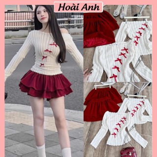 Set Bộ Đồ Nữ Áo Len Lông Trắng Trễ Lệch Vai Đính Nơ Nổi Đỏ Mix Chân Váy Nhung Đỏ Xoè Tầng Diện Noel Giáng Sinh