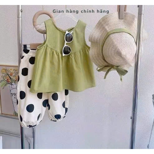 Kids G: Set thô áo xanh quần chấm bi bé gái