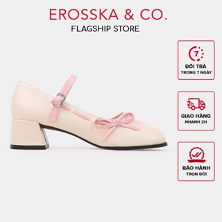 Erosska - Giày cao gót nữ mary jane mũi tròn phối nơ phong cách dễ thương màu kem cao 5cm - EP018