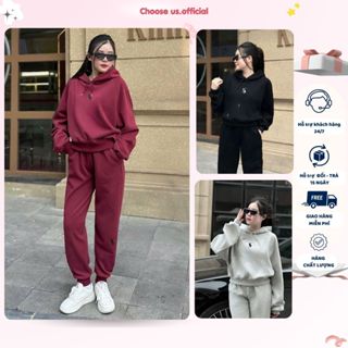 Bộ nỉ nữ có mũ chất vải nỉ bông 2 lớp cao cấp, Set đồ nữ trơn áo hoodie và quần trẻ trung CS045