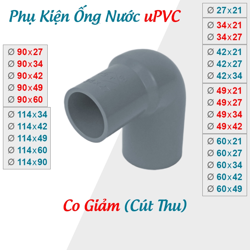 [COMBO GIÁ SỈ] Co Giảm, Cút Thu 90 độ PVC phi 27, 34, 42, 49, 60, 90, 114, Nhựa Siêu Thành