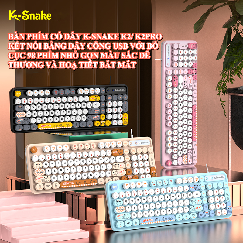 Bàn phím có dây K-SNAKE K2 PRO với thiết kế màu sắc hiện đại trẻ trung kèm theo họa tiết hoạt hình v