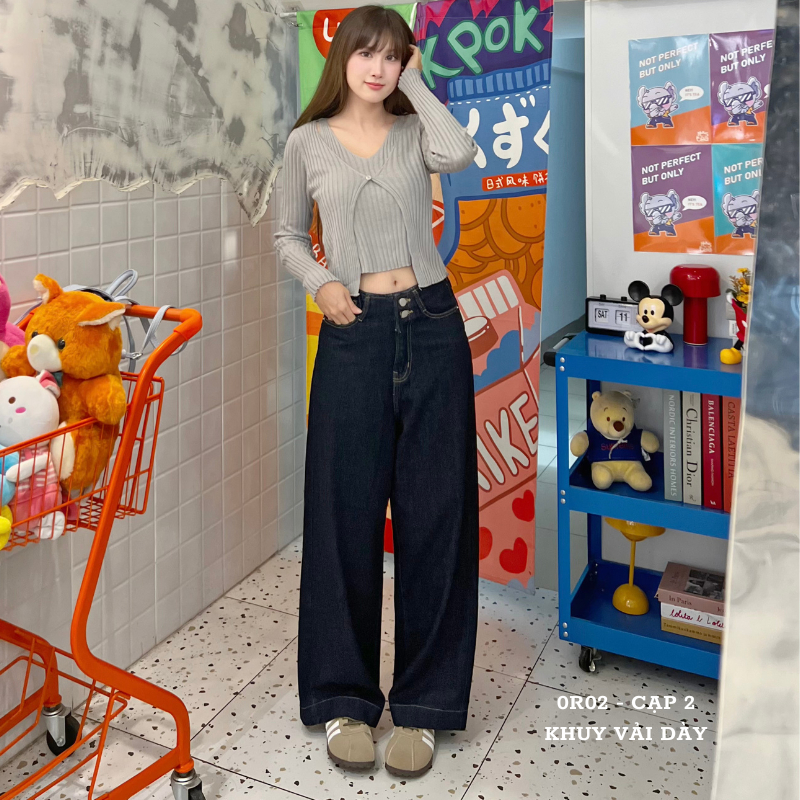 Quần jeans ống rộng bò nữ cạp lưng cao màu xanh đen be chất không co giãn gấu bản to bigsize phong cách Hàn Quốc Meisy | BigBuy360 - bigbuy360.vn
