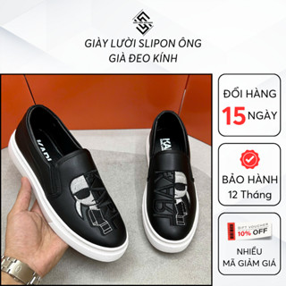 Giày Lười Nam Slipon Karl Ông Già Đeo Kính Cao Cấp, Giày Slipon Nam Họa Tiết Thêu Da Bò Đế Cao Su (SL04)