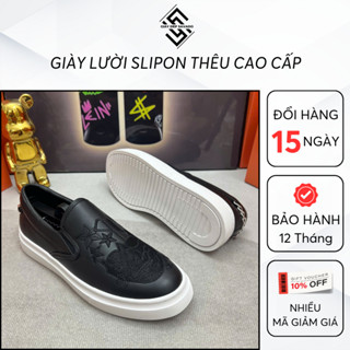 Giày Lười Nam Slipon Họa Tiết Thêu Khóa Xích Cao Cấp, Giày Slipon Nam Da Bò Đế Cao Su Loại Đẹp (SL01)